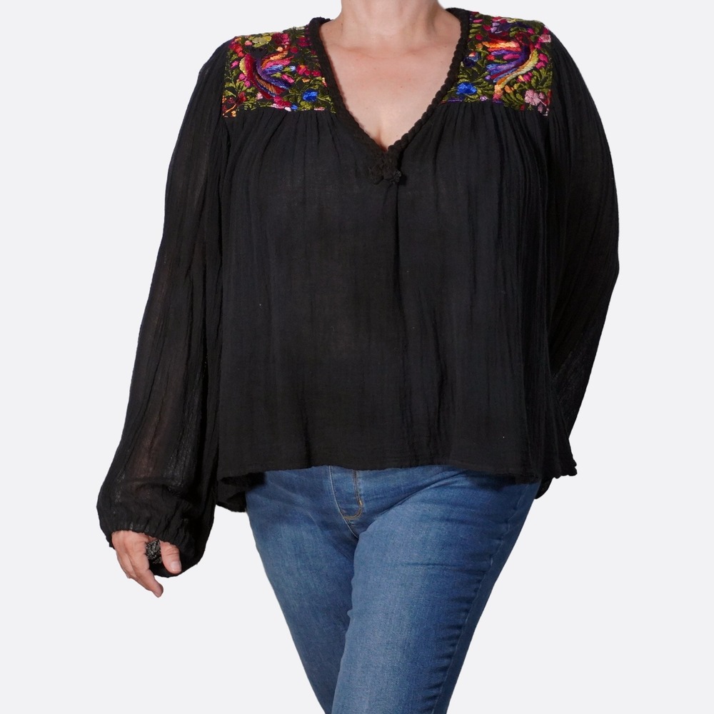 100% Cotton Embroidered Floral Top Black Gauze Blouse M/L fits up to 2X NWT